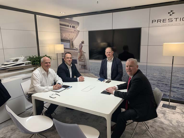 IMF at Boot - Prestige Yachts of France facilitated a meeting of the Irish Marine Federation at its Boot Dusseldorf stand. (From Left) Treasurer Ian O&#039;Meara of Viking Marine, James Kirwan of BJ Marine, Chairman Paal Janson and Secretary Gerry Salmon of MGM Boats