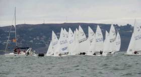 A race start at the Flying Fifteen Championships staged by the Royal St George Yacht Club