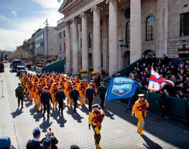 RNLI parade past the GPO as part of the 1916 Rising Commemorations in Dublin