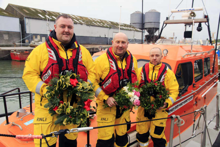 Graham Fitzgerald, coxswain Nick Keogh and Peter Byrne at the Wicklow RNLI New Year’s Day Annual Service of Remembrance