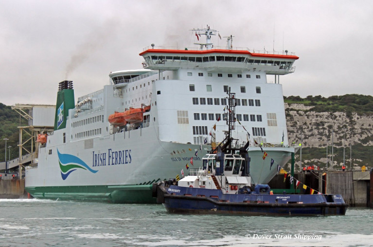 NEW MARKET ROUTE: Irish Ferries newly launched Dover-Calais route, with up to 10 sailings a day serviced by the refurbished cruiseferry Isle of Inishmore as above AFLOAT adds seen in advance of today&#039;s morning inaugural sailing between Britain and France, the link marking a significant first for the company. Also above Dover Harbour Board tug DHB Doughty is &#039;dressed  overall&#039; on the occasion of the newcomer&#039;s arrival earlier this month at the Kent port in south-east England. 