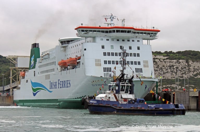 NEW MARKET ROUTE: Irish Ferries newly launched Dover-Calais route, with up to 10 sailings a day serviced by the refurbished cruiseferry Isle of Inishmore as above AFLOAT adds seen in advance of today's morning inaugural sailing between Britain and France, the link marking a significant first for the company. Also above Dover Harbour Board tug DHB Doughty is 'dressed  overall' on the occasion of the newcomer's arrival earlier this month at the Kent port in south-east England. 
