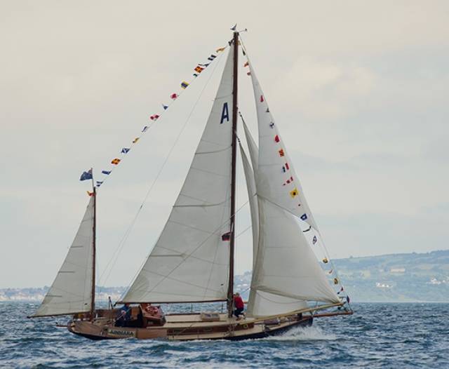 The jib topsail blossoms to drive Dickie Gomes’ Ainmara on her way as she sails fast to collect the “Best in Show” award at the RUYC’s 150th Anniversary Sail-past, fifty years after she took part in the same Club’s Centenary Regatta in 1966 with the same crew on board