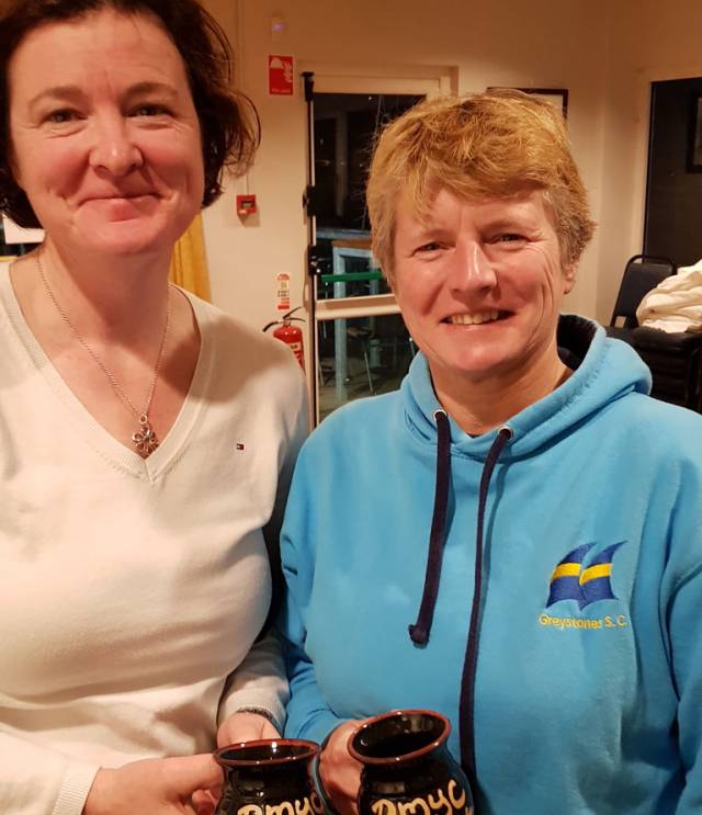 DMYC Frostbite Race winners, Wayfarer sailors Miriam McCarthy (left) and Monika Schaefer
