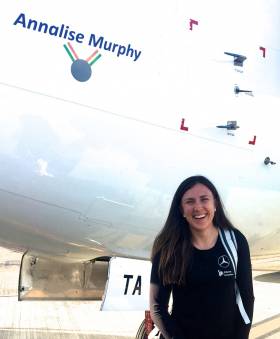 Come fly with me. Annalise Murphy about to board the Dublin-Verona flight. Even the under-carriage hatch-cover is on-message