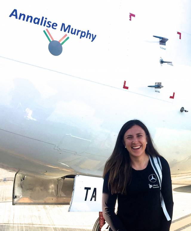 Come fly with me. Annalise Murphy about to board the Dublin-Verona flight. Even the under-carriage hatch-cover is on-message