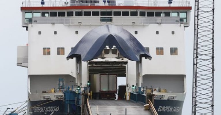 Additional costs entailed in policing imports from Britain into the all-island EU single market will inevitably drive up prices. Above: A lorry boards P&O Ferries ropax European Causeway at Larne Port which Afloat adds connects Cairnryan in Scotland.