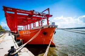 Giant cantilever rail-mounted gantry (CRMG) cranes loaded in China arrived by heavylift vessel, Zhenhua 25 to Peel Ports Liverpool2, a new £300m deep-water container terminal