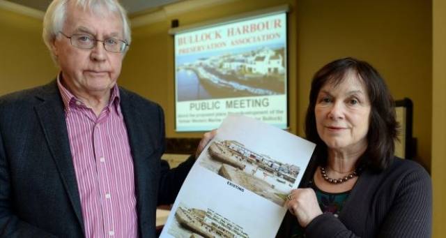 Fergal McLoughlin, An Taisce and Susan McDonnell from the Bulloch Harbour Preservation Association at a public meeting on the proposed development at Bulloch Harbour Dalkey.