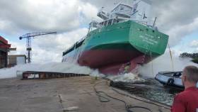 At time of posting it was only a couple of hours since newbuild Arklow Venture was launched on this Bloomsday morning
