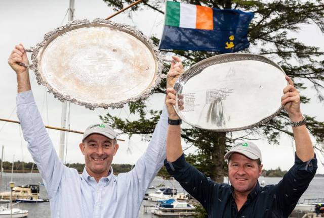 Peter Kennedy (left) with the Trophy of Trophies, the salver which dates back to 1947, with his crew Stephen Kane after winning the All-Ireland at Lough Ree in October 2018. It was raced in SB20s, in which Kennedy is Irish champion. But though this year’s series will be staged in Flying Fifteens at the National YC in a week’s time, defender Kennedy may have inherited form here, as his parents Terence & Bridget Kennedy of Strangford Lough YC were British F/F  Champions in 1962