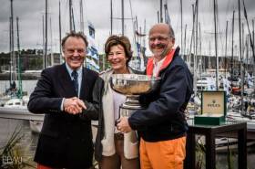 RORC Commodore, Michael Boyd presents the Fastnet Challenge Cup to the overall winner, Didier Gaudoux&#039;s JND39, Lann Ael 2