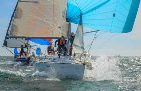 Jean Mitton&#039;s Levana of the Royal St. George Yacht Club leads Chris Johnston&#039;s National Yacht Club entry Prospect in the Beneteau 31.7 Championships on Dublin Bay
