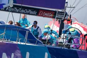Turn the Tide On Plastic’s crew hard at work on deck during the Cape Town In-Port Race this afternoon