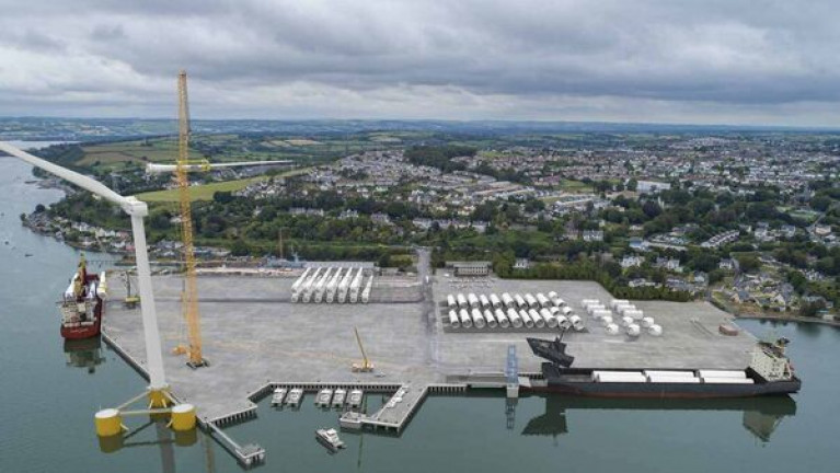 An artist's impression of how the Doyle Shipping Group's dockyard (former shipyard of Verolme Cork Dockyard) in Cork Harbour, could be used as a major hub for the delivery and assembly of offshore wind turbines. AFLOAT adds as part of the proposed redevelopment at Rushbrooke, west of Cobh, is a ro-ro linkspan, to discharge wind farm components from a specialist vessel with an extra height raised bow visor to enable such large scale project cargo on board. 