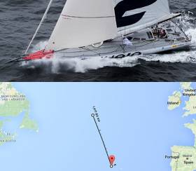 (Top) The abandoned IMOCA 60 Yacht and (above) its possible location in mid–Atlantic