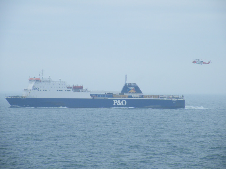 P&O is struggling to convince UK ministers to agree to put in £150m from taxpayers. The ferry firm delivers around 15pc of all the goods imported into Britain. Above AFLOAT adds in this file photo is underway on the Irish Sea P&O's Dublin-Liverpool freight/passenger (ropax) ferry Norbay. Note astern of the freight trailers on the upper deck is an Irish Coast Guard helicopter on a training exercise. 