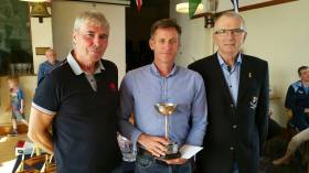 Winning helm – Noel Butler (centre) with Neil Cramer (Fireball Class Chairman &amp; Skerries SC Treasurer) and Skerries SC Commodore Kieran Brannagan