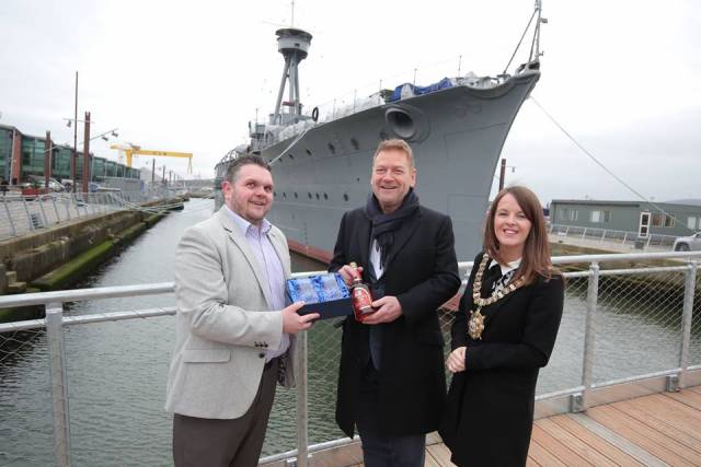 Sir Kenneth Branagh on board HMS Caroline, Belfast Port where the actor film director yesterday introduced a screening of his Oscar nominated film 'Dunkirk' to unsuspecting guests. The Belfast-born actor who received the 'Freedom of Belfast' in the Ulster Hall is seen in the port above with Jamie Wilson from The National Museum of the Royal Navy and Belfast Lord Mayor Nuala McAllister.