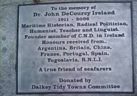 A plaque erected to maritime historian Dr. John De Courcy Ireland in his home town of Dalkey in County Dublin. Listen to the podcast below.