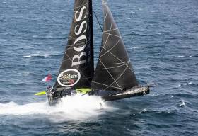 Alex Thomson – who spent five years of his childhood in Crosshaven – at full speed in Hugo Boss. He is expected to finish the Vendee Globe next Wednesday night/Thursday morning in Les Sables d’Olonne, and is challenging Banque Populaire VIII for the lead despite losing the starboard foil – seen activated in this photo – at an early stage of the race.