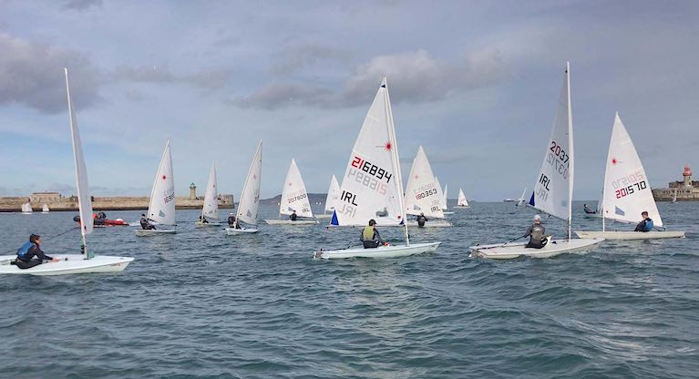 Dun Laoghaire Laser sailors racing inside the town&#039;s harbour in 2020