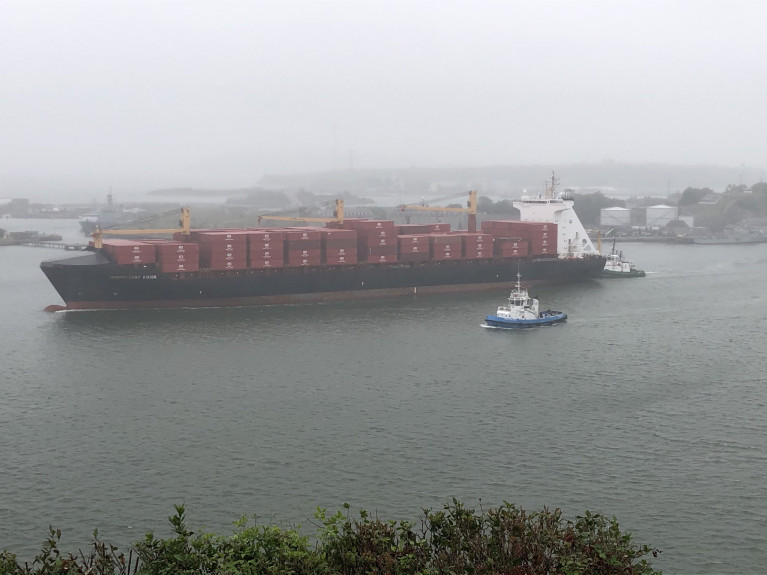 The growth driven by increases in exports of medical and pharmaceutical products according to  CSO figures. A containership Afloat adds with tugs assisting, departs the Port of Cork when underway off Haulbowline and bound for the USA. 