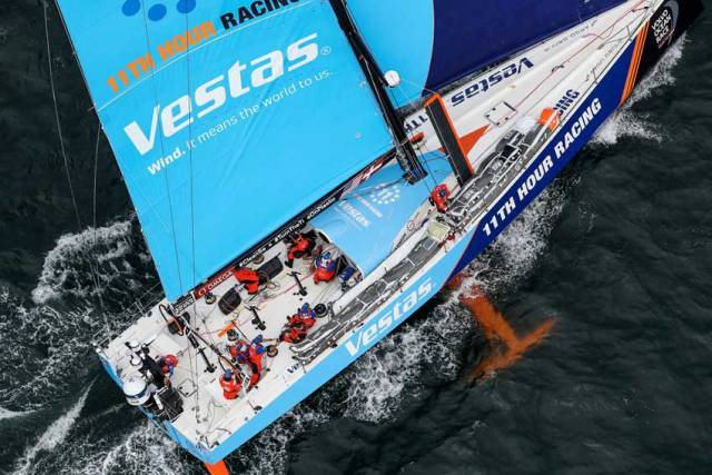 Vestas 11th Hour Racing hard at work at the Leg 4 start a few hours ago