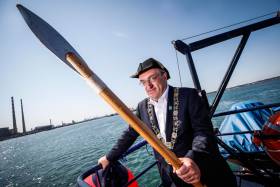 Pictured at the annual Casting of the Spear re-enactment was Lord Mayor of Dublin and newly invested Honorary Admiral of Dublin Port, Mícheál Mac Donncha. The Casting of the Spear is a maritime tradition to commemorate the setting of the city’s boundaries dating back to 1488