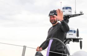 Skipper Simeon Tienpont at the wheel of Team AkzoNobel as the last arrival of the Volvo Ocean Race into Melbourne
