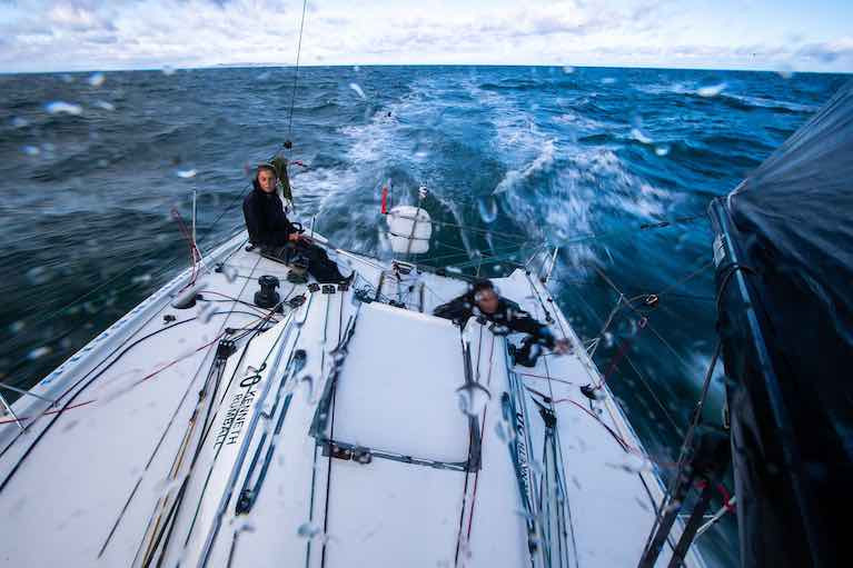 Speeding into the long October night – Cat Hunt and Pam Lee getting the performance from their Figaro 3 Iarracht Maigeanta. They could be nearing the coast of Connacht by midnight