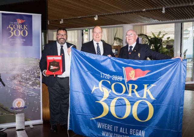 Colin Morehead, chair of Cork300; HSH Prince Albert II; and Pat Farnan, Admiral of the Royal Cork Yacht Club