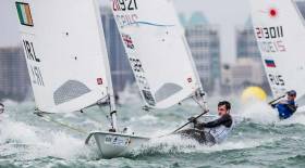 Finn Lynch racing in Miami in January. His main focus this season will be Olympic Qualification at the World Sailing Championships in Aarhaus in August