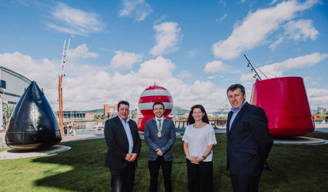 Pictured (L- R) is James Eyre, commercial director of Titanic Quarter Ltd,  Councillor Peter McReynolds, the Deputy Lord Mayor of Belfast, Kerrie Sweeney, chief executive of Titanic Foundation and Mark O’Donnell from the Department for Communities