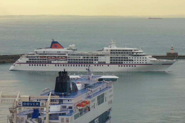 Among the finalists in the first ever Maritime UK Awards to be held during the Southampton Boat Show will be the Port of Dover, the UK's busiest ferry port. AFLOAT adds above is a DFDS ferry serving Calais/Dunkerque and cruiseship of Hapag Lloyd, Europa. Noting beyond the Strait of Dover is the coastline of France. 