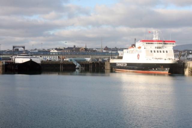 IOM Steam Packet vessels, fastferry Manannan and ropax Ben-My-Chree docked in Douglas Harbour