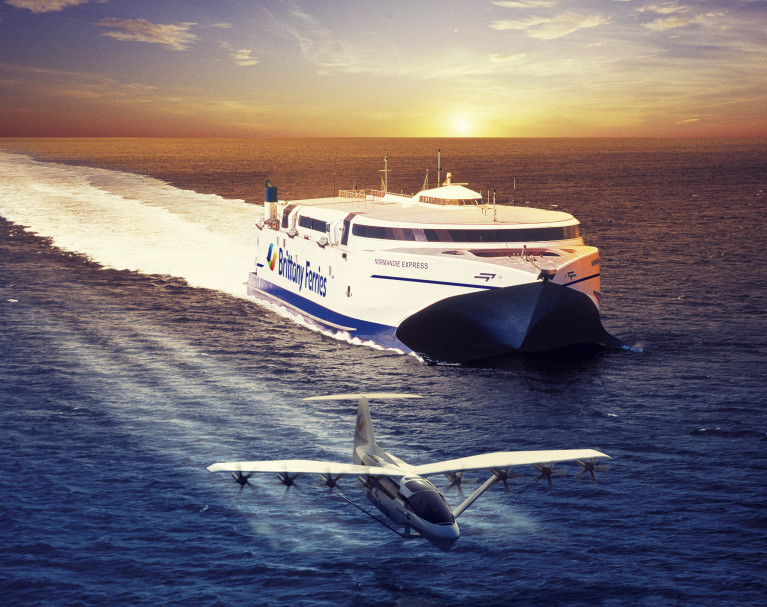 Brittany Ferries &#039;Seaglider&#039;: A new all-electric craft concept foils like a hydrofoil and flies like a plane – all with the comfort and convenience of a ferry could be operating between the UK and France by 2028. AFLOAT adds also in this CGI image is the operator&#039;s catamaran ferry Normandie Express, transferred from Portsmouth-Cherbourg (see below) and is to begin later in the summer for Condor Ferries UK (Poole)-Channel Islands link.