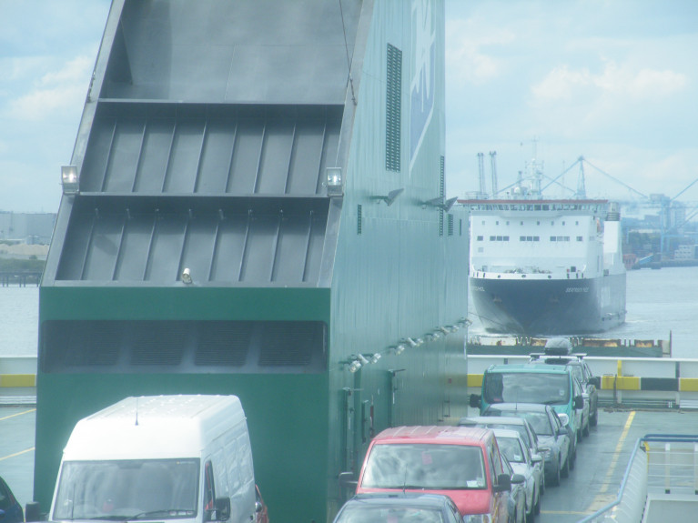The Taosiseach said that the Government is assessing how to strengthen the rules around people arriving through airports and ports (above Dublin) where AFLOAT's photo taken onboard the Epsilon, Irish Ferries chartererd passenger (ropax) ferry and astern Seatruck Ferries ro-ro freight ferry Seatruck Pace also departing in the port's channel. 