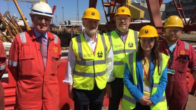 Labour leader Jeremy Corbyn with UNITE NI representatives on the visit to Harland & Wolff, Belfast