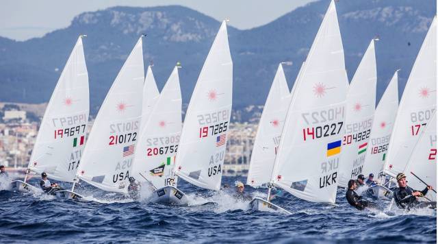 James Espey (206752, fourth from left) and Finn Lynch (182600, third from right) in today's tight first race of the Laser class at the Trofeo Princesa Sofia Regatta in Palma. The event is the second part of the Irish mens Laser trial for the Rio Olympics