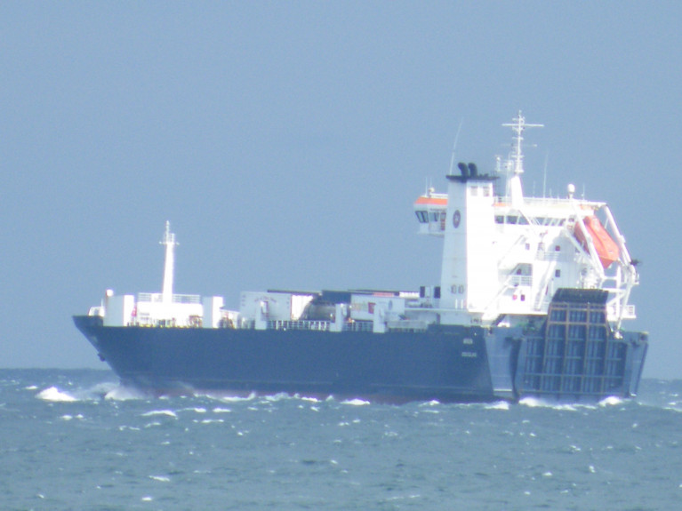 File image of the Manx based stern-loading freight ferry Arrow when departing a blustery Douglas Harbour. The 84 lorry trailer-unit capacity vessel is currently on charter in the Scottish Western Isles for Caledonian MacBrayne (CalMac) service of Ullapool-Stornoway, Isle of Lewis. 