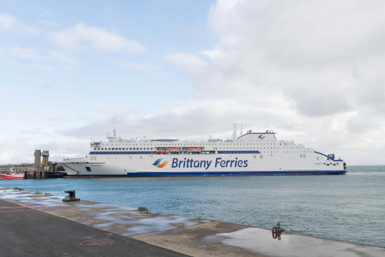Brittany Ferries embark with major steps for a greener future when on 27th March, the operators built in China &#039;E-Flexer&#039; class Salamanca, their first liquified natural gas (LNG) powered passenger ferry to make will a commercial sailing from Portsmouth to Bilbao in Spain. Beforehand, the newbuild is scheduled to make a first Irish port of call to Rosslare Europort to enable berthing trials should the E-Flexer class be introduced on their Irish based routes. Above the new cruiseferry is seen at the French operator&#039;s founding &#039;homeport&#039; of Roscoff, Brittany. 
