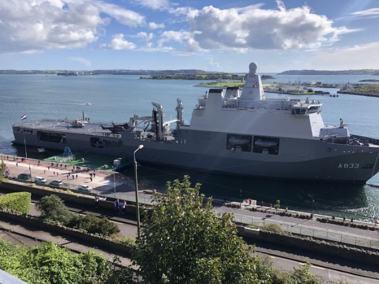 The visiting Dutch Navy&#039;s HNLMS Karel Doorman today arrived in Cork Harbour alongside Cobh&#039;s Deepwater Quay (as above) marking the second of two naval ship calls to Irish Ports, the other been Dublin Port. 