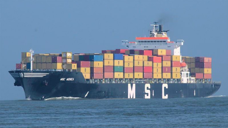 In recent months, Afloat observed MSC Monica arrive on Dublin Bay as above and track berthing in the capital&#039;s port where today another slightly smaller capacity container called to a lo-lo terminal. MSC Monica has container loading also aft of the superstructure, presenting a more balanced profile..  