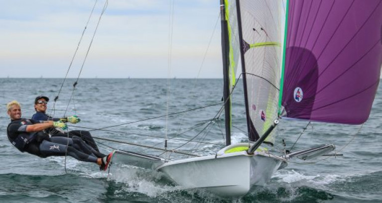 Seafra Guilfoyle (left) sailing with Ryan Seaton in the Oympic 49er dinghy. Guilfoyle has been appointed a ‘Dare to Believe’ Athlete Ambassador by the Olympic Federation