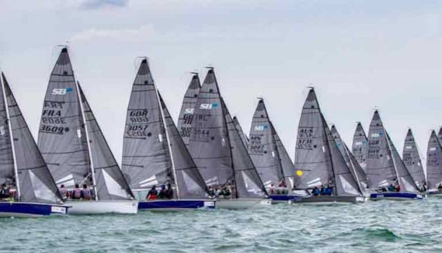 Michael O'Connor's Sin Bin (IRL3544) in the front row of an SB20 Worlds start on day three in Cowes yesterday