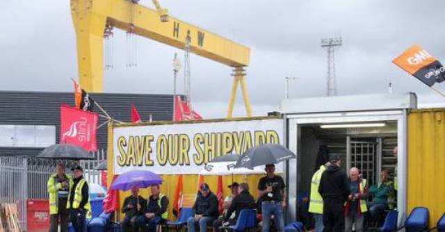 Workers of Harland & Wolff continue their protest at the famous historic shipyard located at Queen's Island, Belfast 