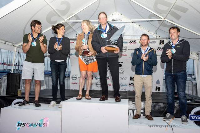 Alex Barry and Richard Leonard (right) on the podium with second-placed Francisco and Teresa Lobato (left) and RS400 European champions Sarah and Stewart Robertson (centre)