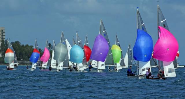 GP14s run downwind at the Barbados World Championships