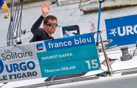 Tom Dolan in the boat he sailed in his Figaro debut last year
